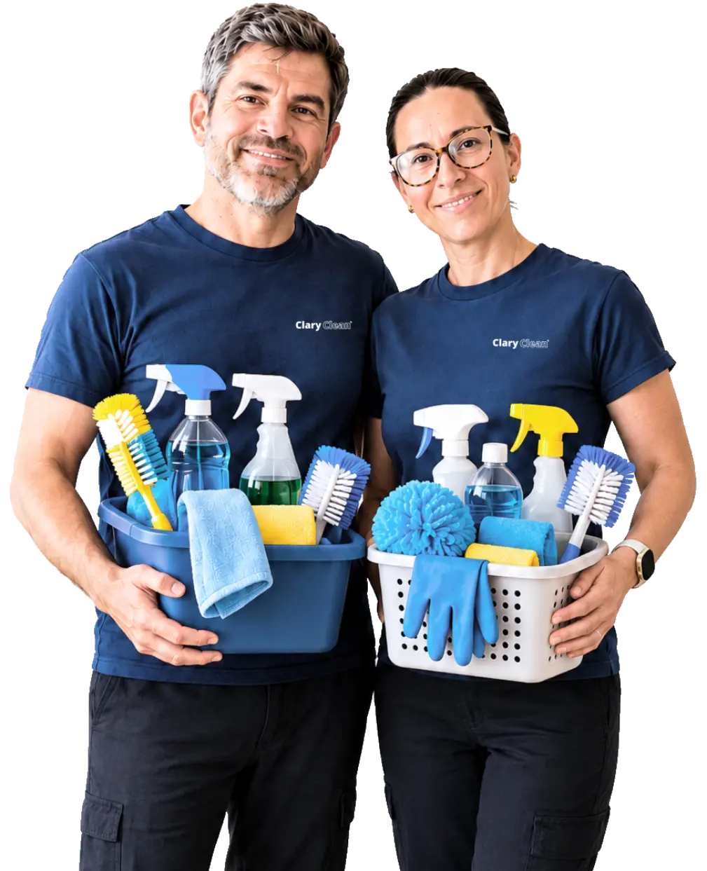 Camila and Daniel from Clary Clean holding cleaning supplies in front of a bright home background