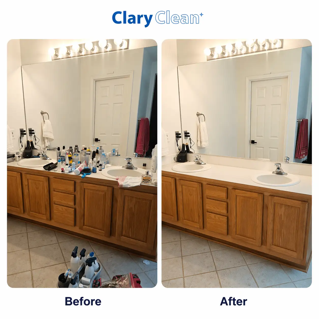Before and after comparison of a bathroom vanity and mirror cleaned by Clary Clean
