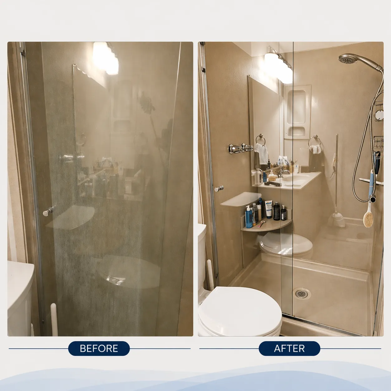 Before and after comparison of a shower enclosure cleaned by Clary Clean
