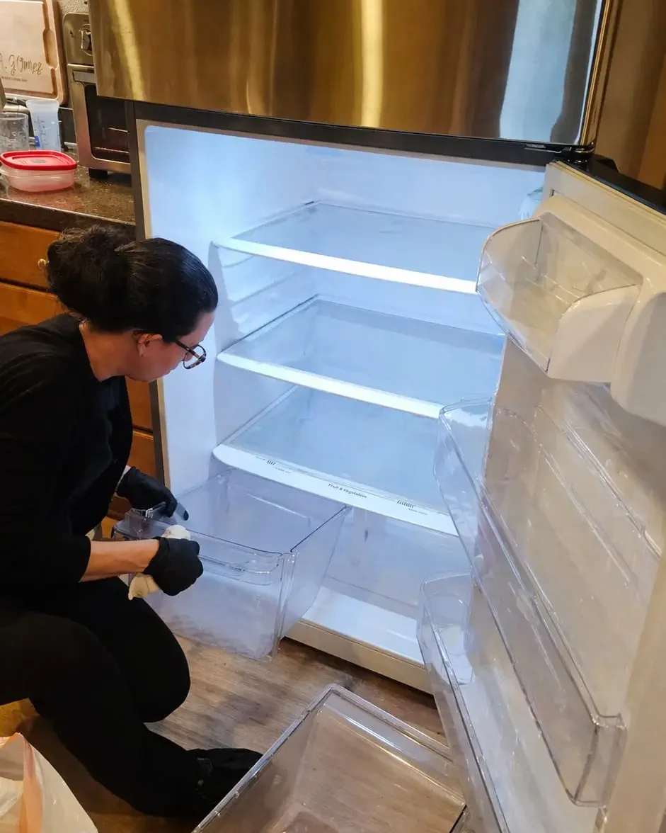 Cleaning professional detailing the inside of a refrigerator during a deep cleaning visit