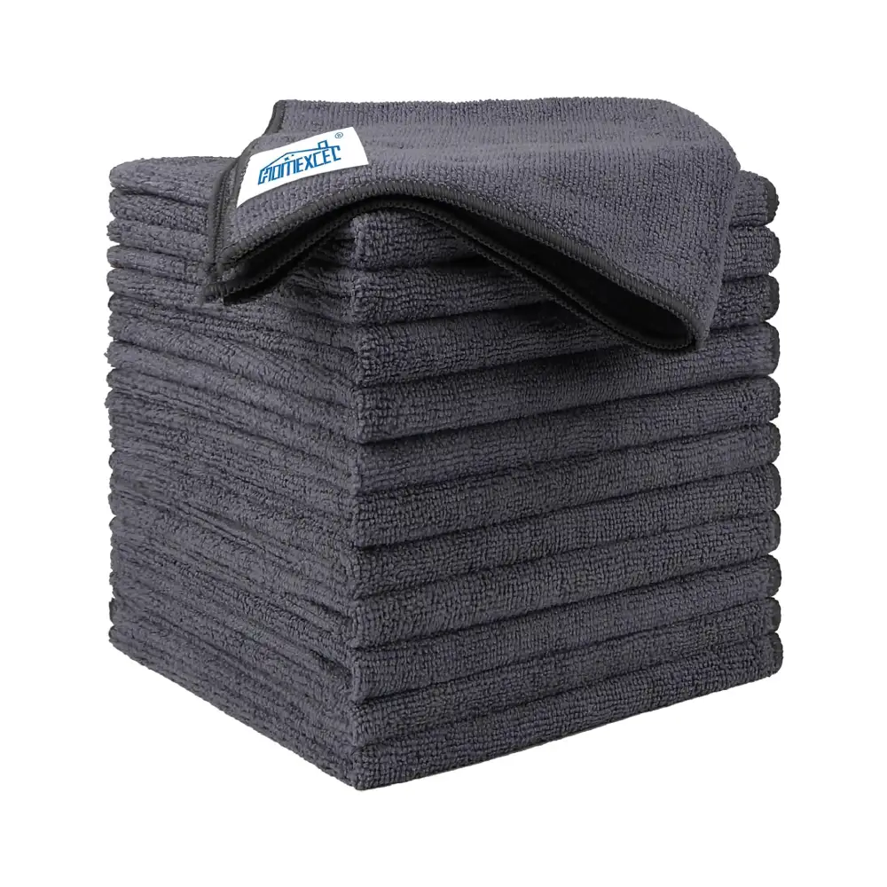 Grey microfiber cleaning cloths folded in a stack
