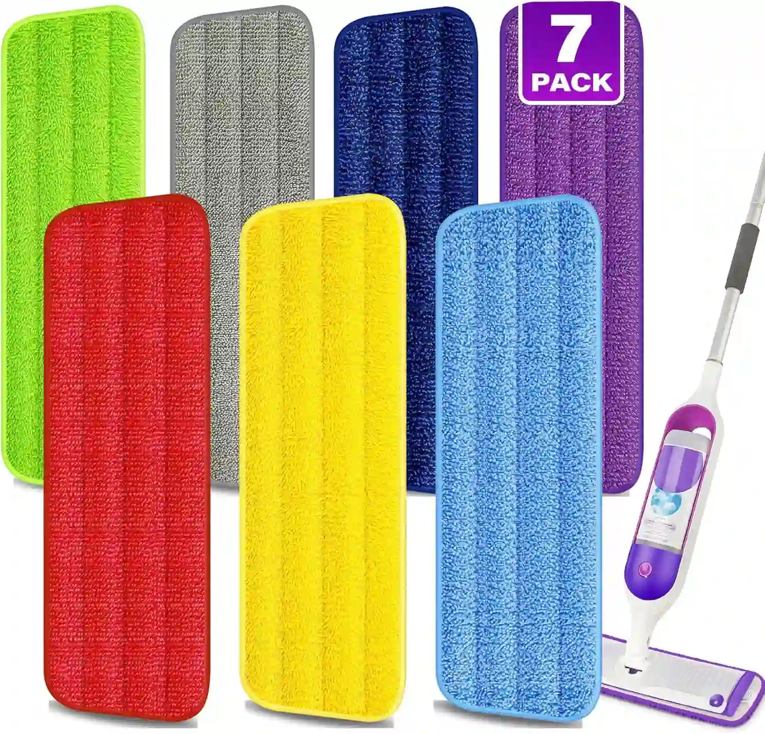 Seven colorful reusable microfiber mop pads compatible with Swiffer PowerMop style mops
