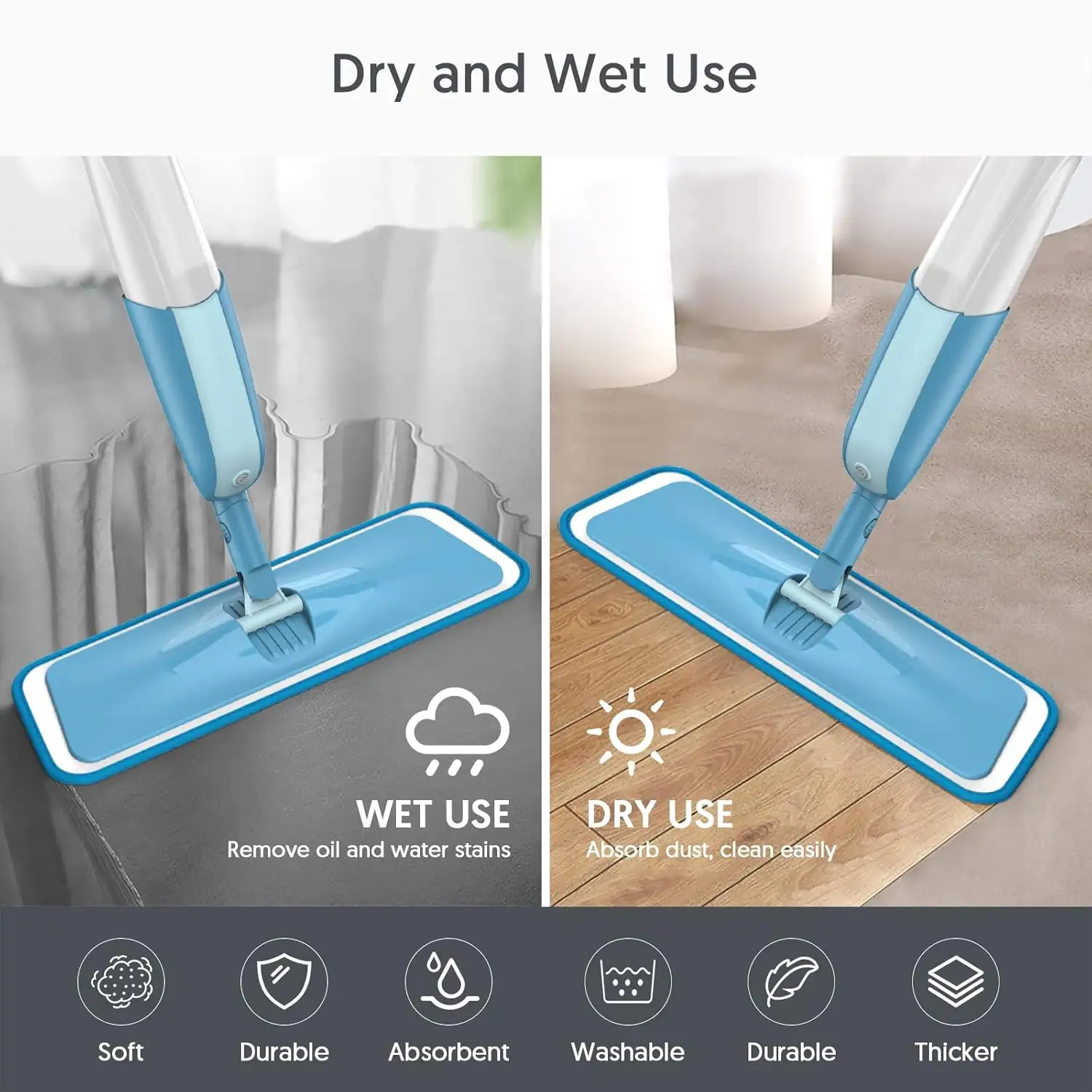 Reusable microfiber mop pad shown for both wet and dry floor cleaning use