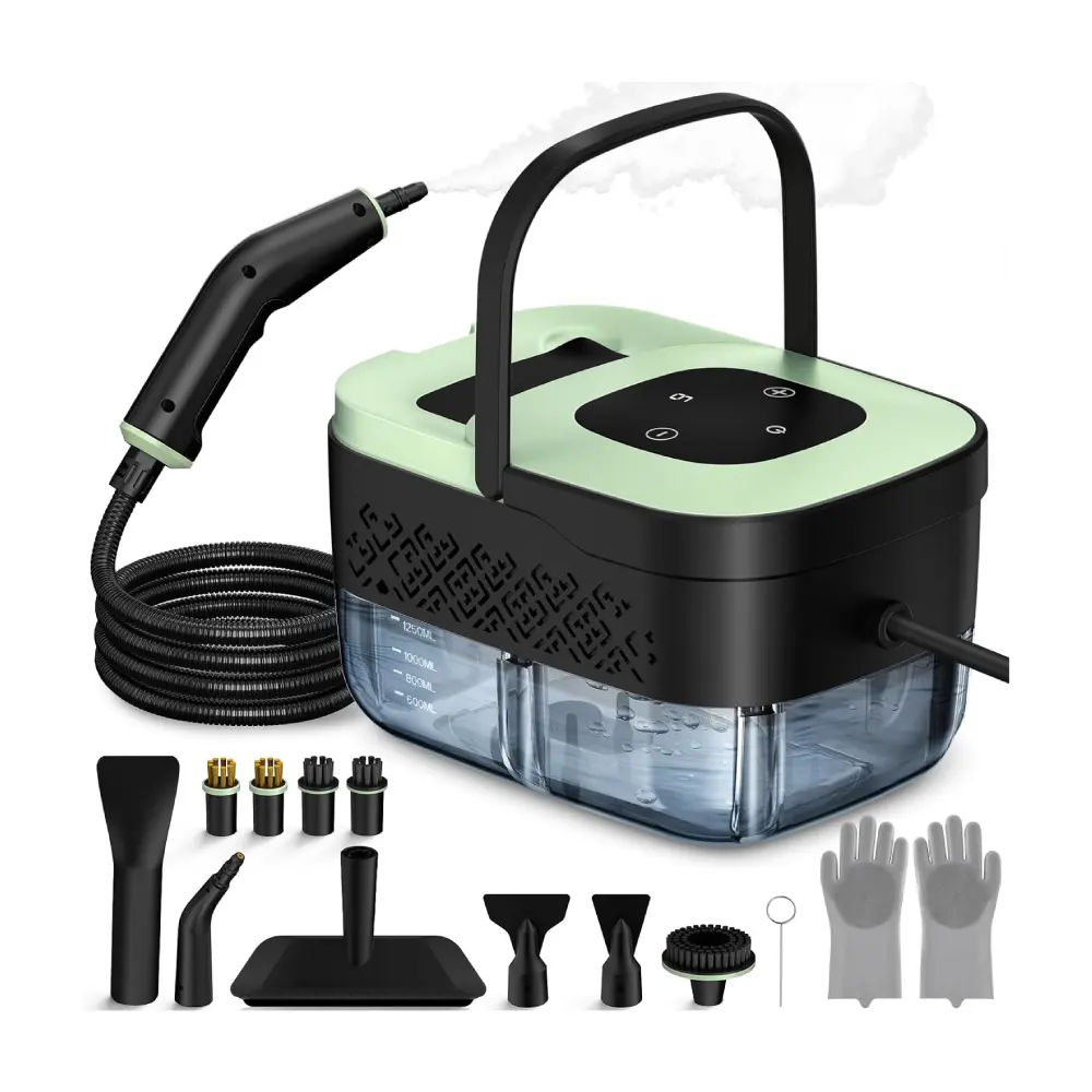Portable handheld steam cleaner with accessory tools for grout, tile, and detail cleaning