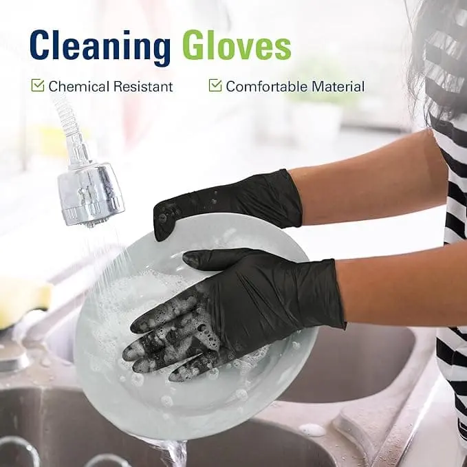 SwiftLite black nitrile gloves box and glove shown on a white background